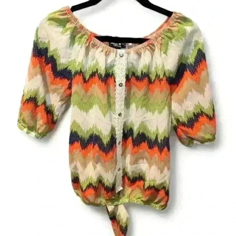 Sequin Hearts Girl's Off Shoulder Blouse Medium Multicolor Geometric